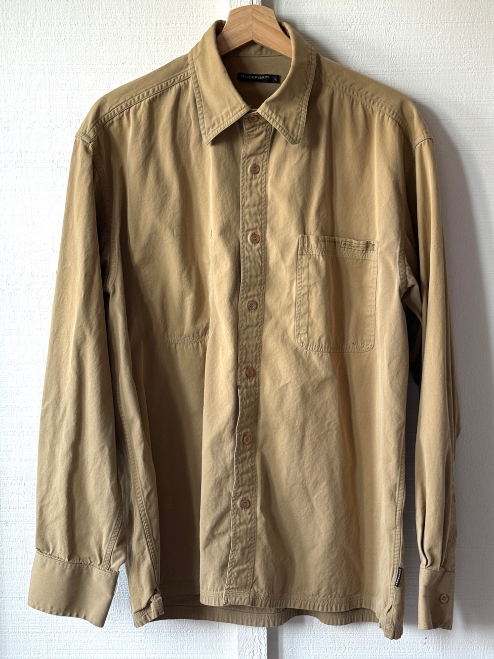 Vintage Rockport Men's Khaki Cotton Twill Button Down Shirt Size L Y2K